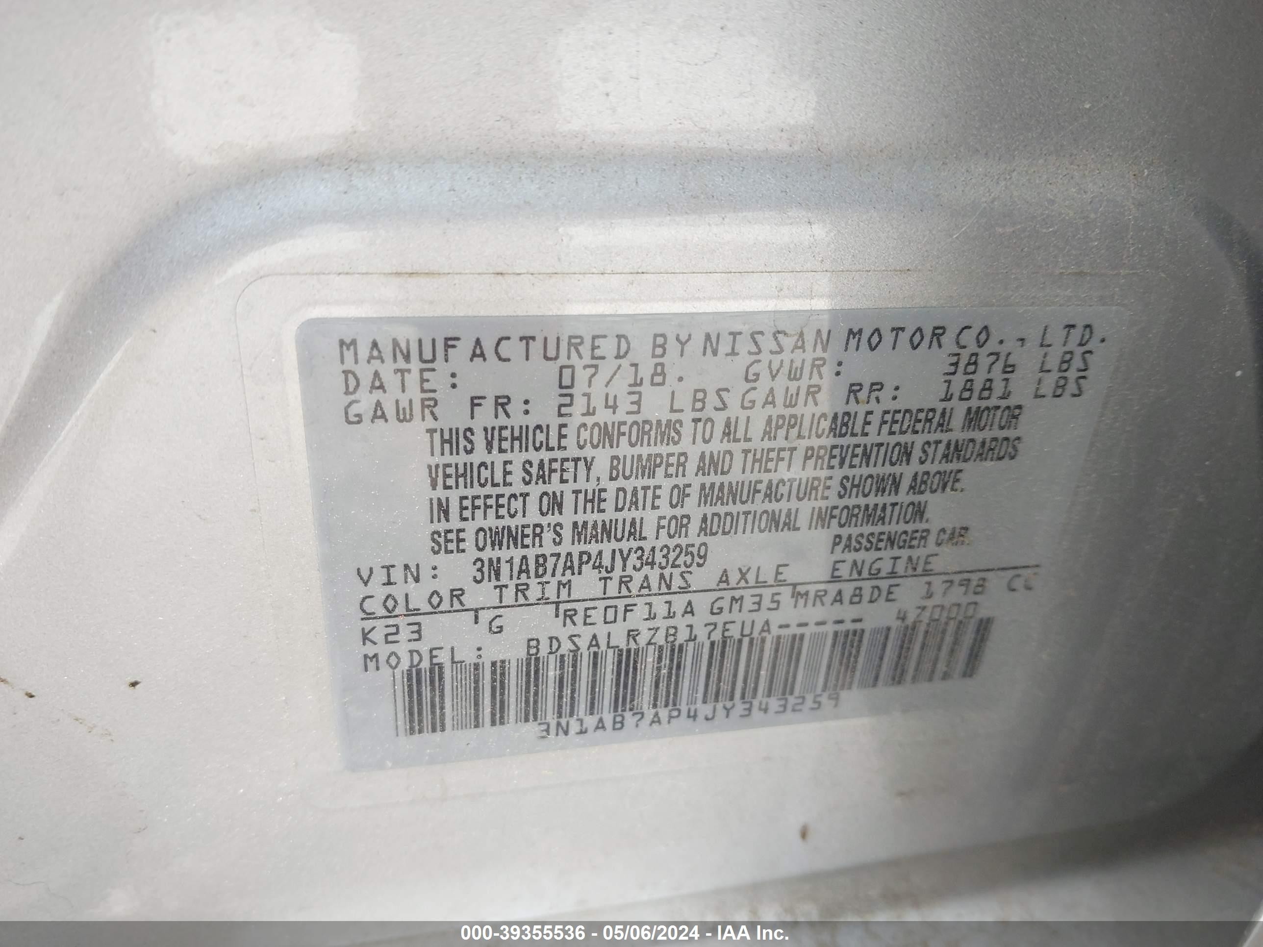 Photo 8 VIN: 3N1AB7AP4JY343259 - NISSAN SENTRA 