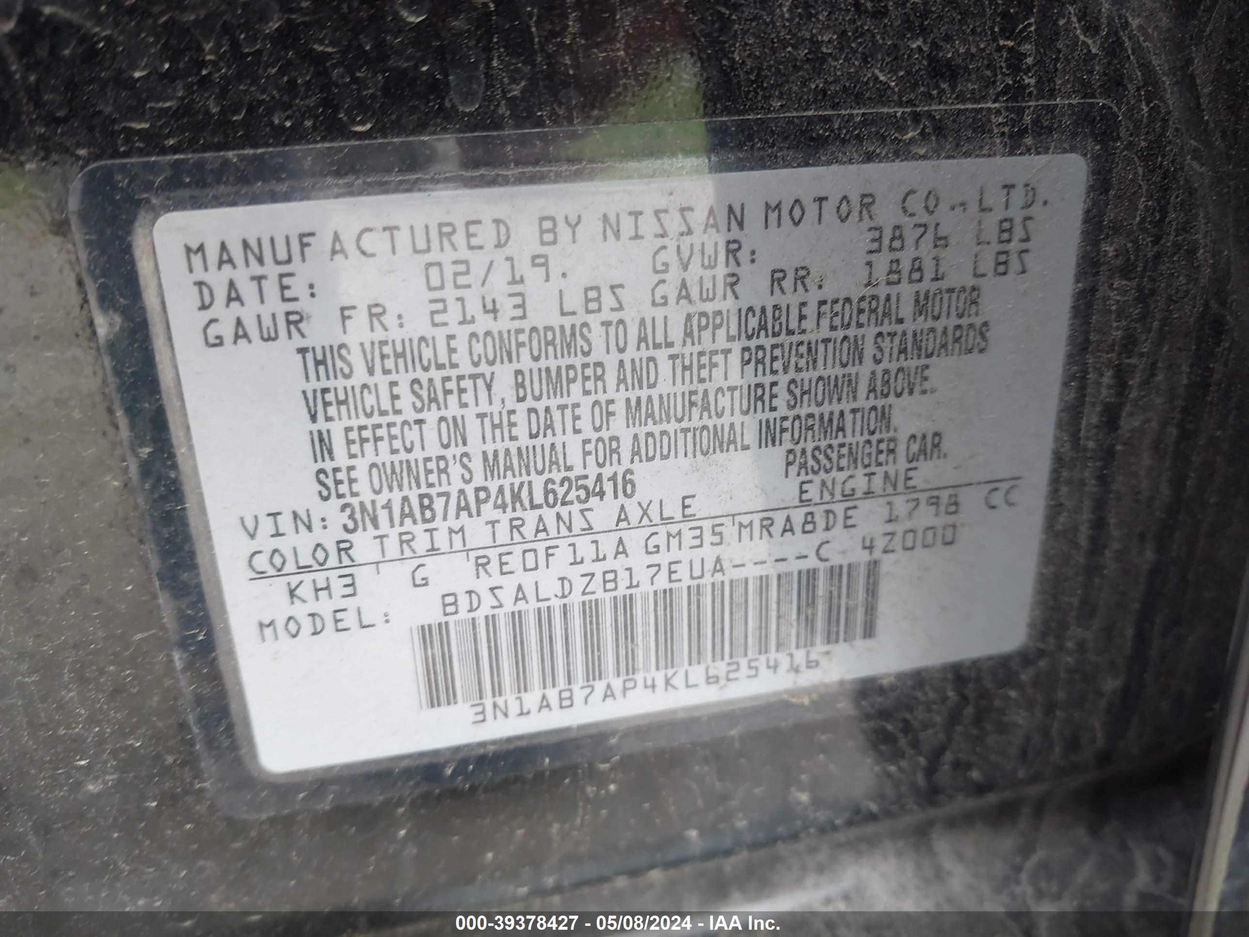 Photo 8 VIN: 3N1AB7AP4KL625416 - NISSAN SENTRA 