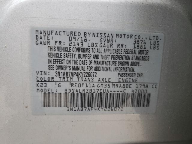 Photo 9 VIN: 3N1AB7AP4KY226072 - NISSAN SENTRA S 