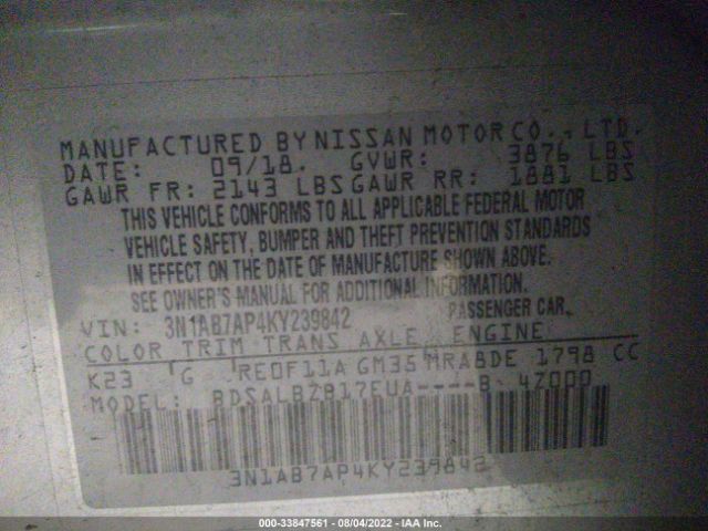 Photo 8 VIN: 3N1AB7AP4KY239842 - NISSAN SENTRA 