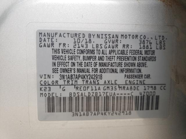 Photo 9 VIN: 3N1AB7AP4KY242918 - NISSAN SENTRA S 