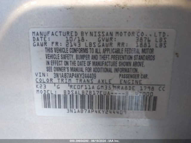 Photo 8 VIN: 3N1AB7AP4KY244409 - NISSAN SENTRA 