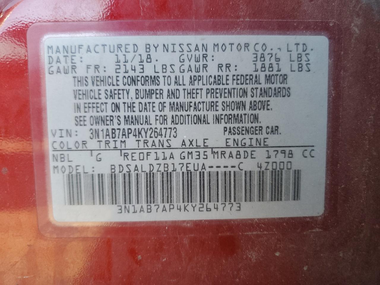 Photo 12 VIN: 3N1AB7AP4KY264773 - NISSAN SENTRA 