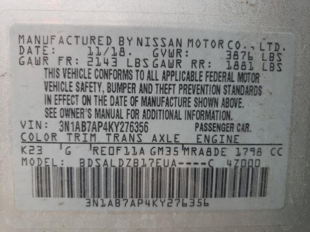 Photo 9 VIN: 3N1AB7AP4KY276356 - NISSAN SENTRA S 