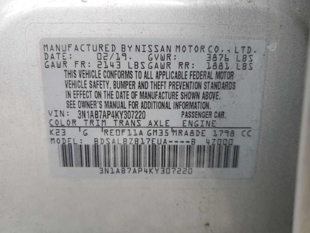 Photo 11 VIN: 3N1AB7AP4KY307220 - NISSAN SENTRA 