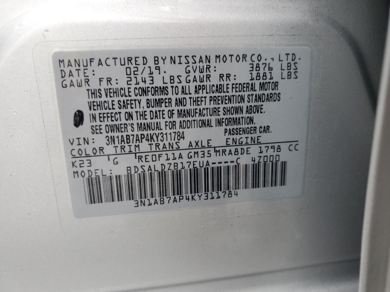 Photo 9 VIN: 3N1AB7AP4KY311784 - NISSAN SENTRA 