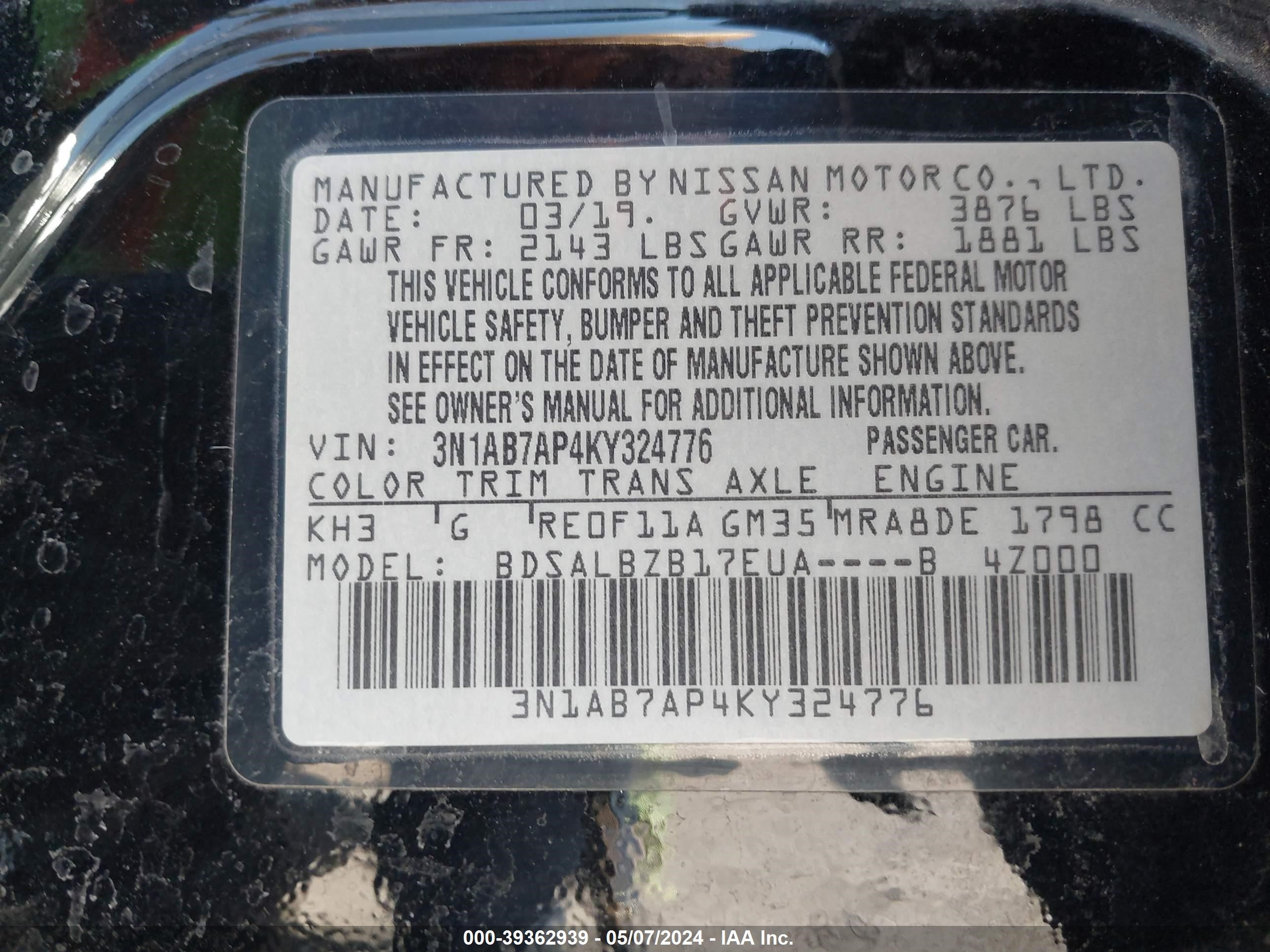 Photo 8 VIN: 3N1AB7AP4KY324776 - NISSAN SENTRA 