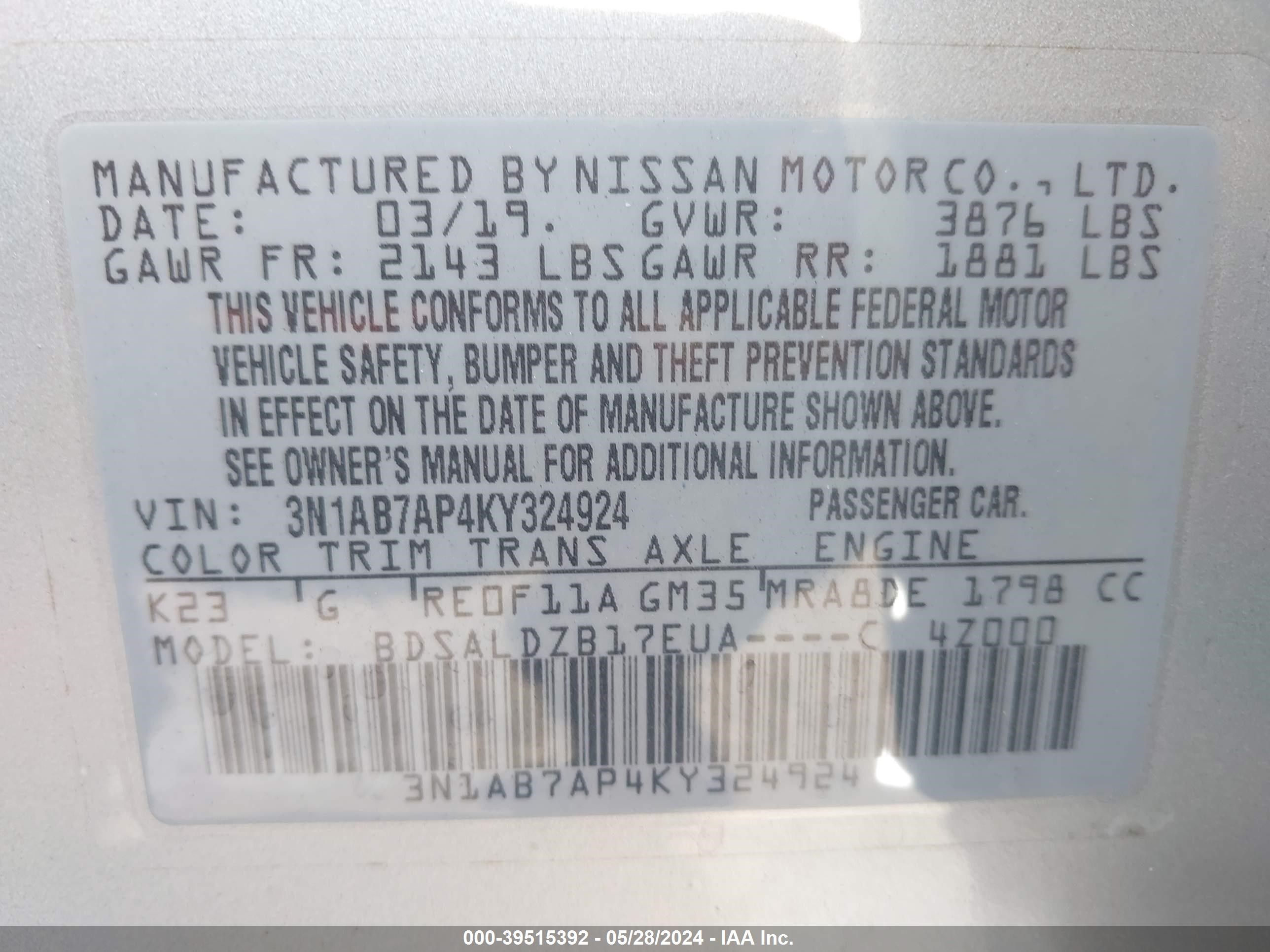 Photo 8 VIN: 3N1AB7AP4KY324924 - NISSAN SENTRA 