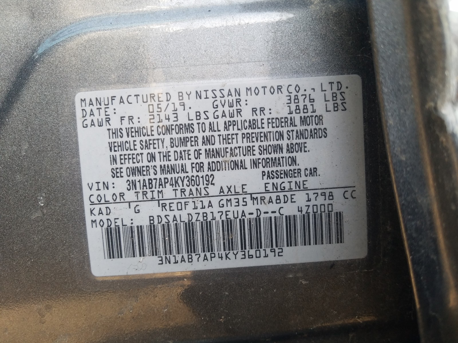 Photo 9 VIN: 3N1AB7AP4KY360192 - NISSAN SENTRA S 