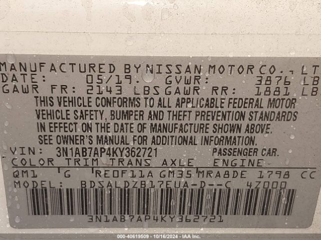 Photo 8 VIN: 3N1AB7AP4KY362721 - NISSAN SENTRA 