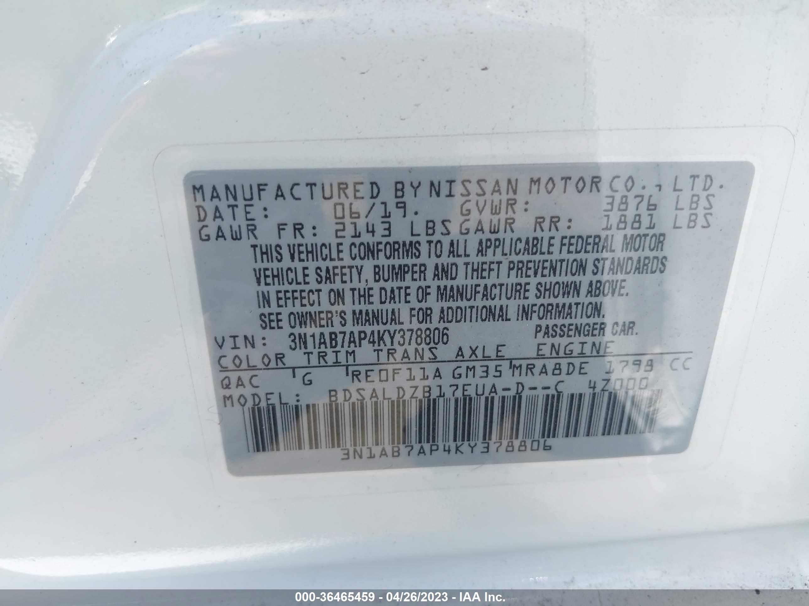 Photo 8 VIN: 3N1AB7AP4KY378806 - NISSAN SENTRA 