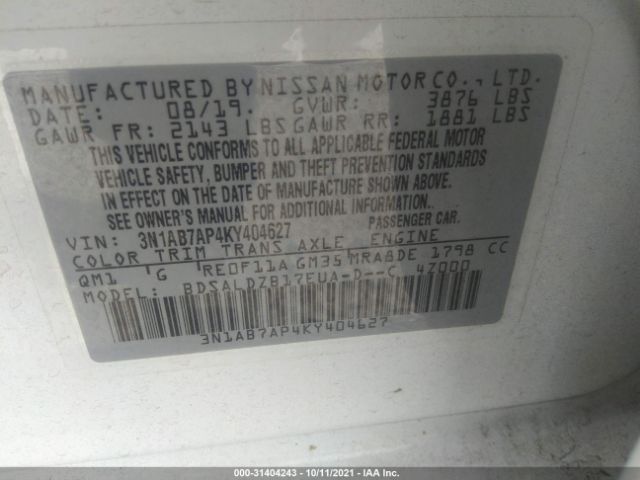 Photo 8 VIN: 3N1AB7AP4KY404627 - NISSAN SENTRA 