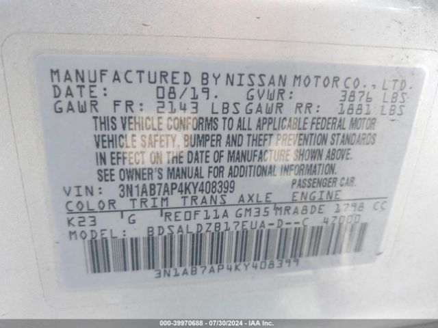 Photo 8 VIN: 3N1AB7AP4KY408399 - NISSAN SENTRA 