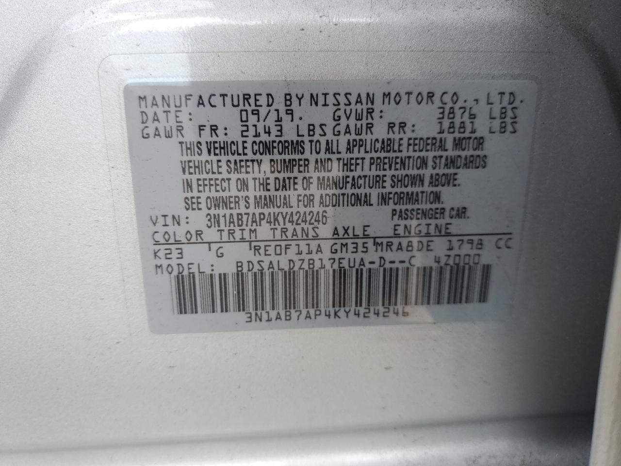 Photo 11 VIN: 3N1AB7AP4KY424246 - NISSAN SENTRA 