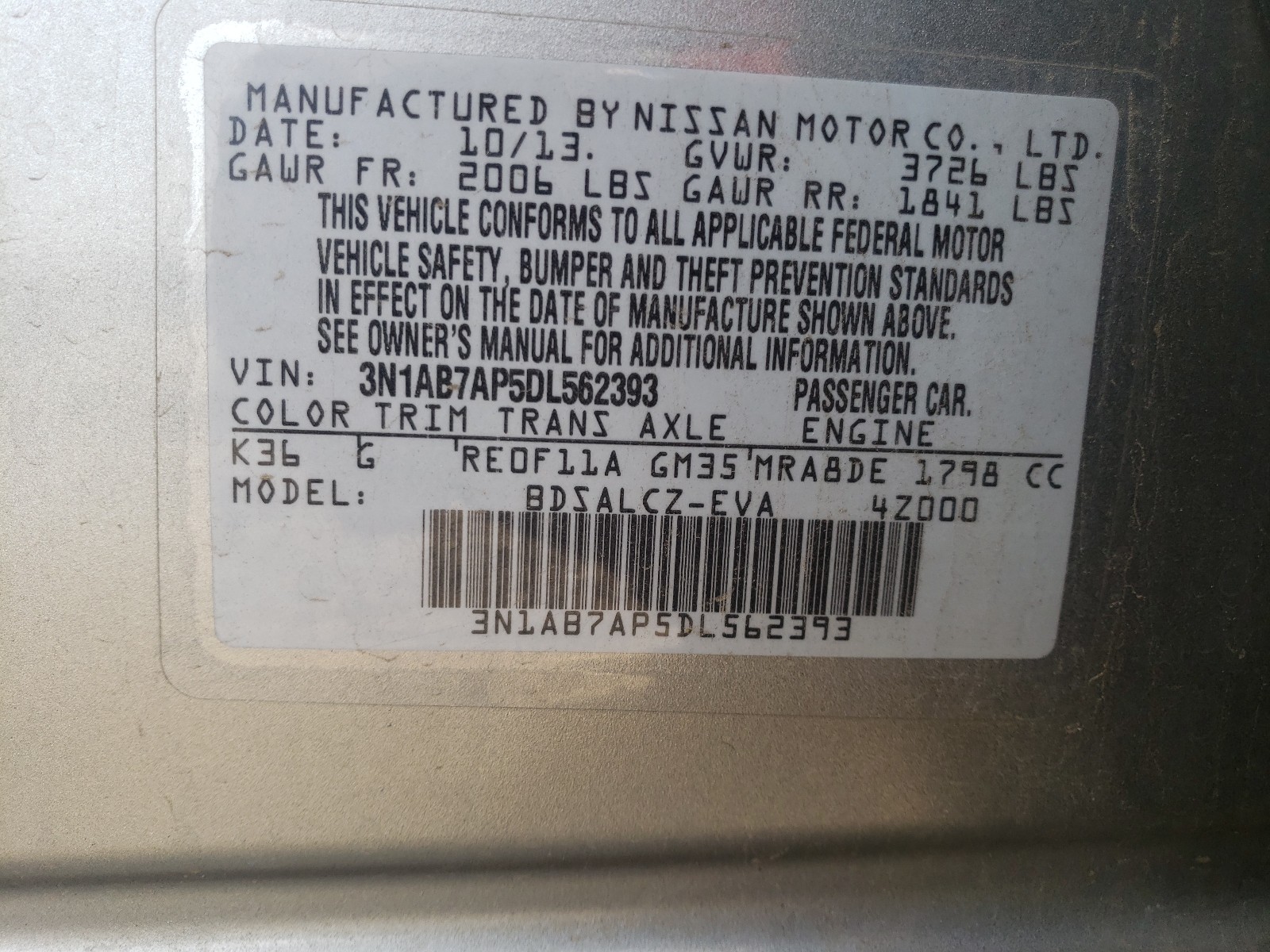 Photo 9 VIN: 3N1AB7AP5DL562393 - NISSAN SENTRA S 