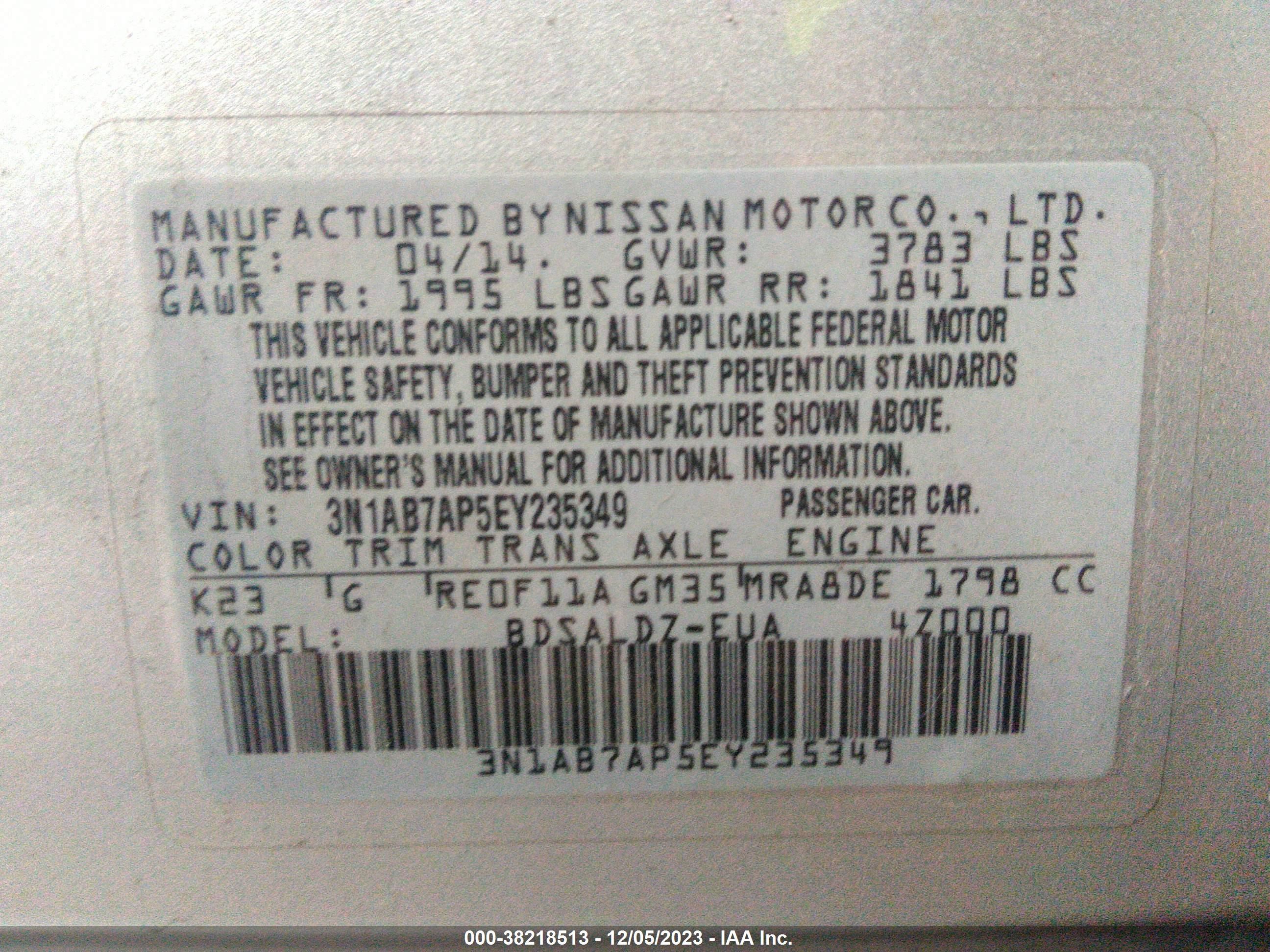 Photo 8 VIN: 3N1AB7AP5EY235349 - NISSAN SENTRA 