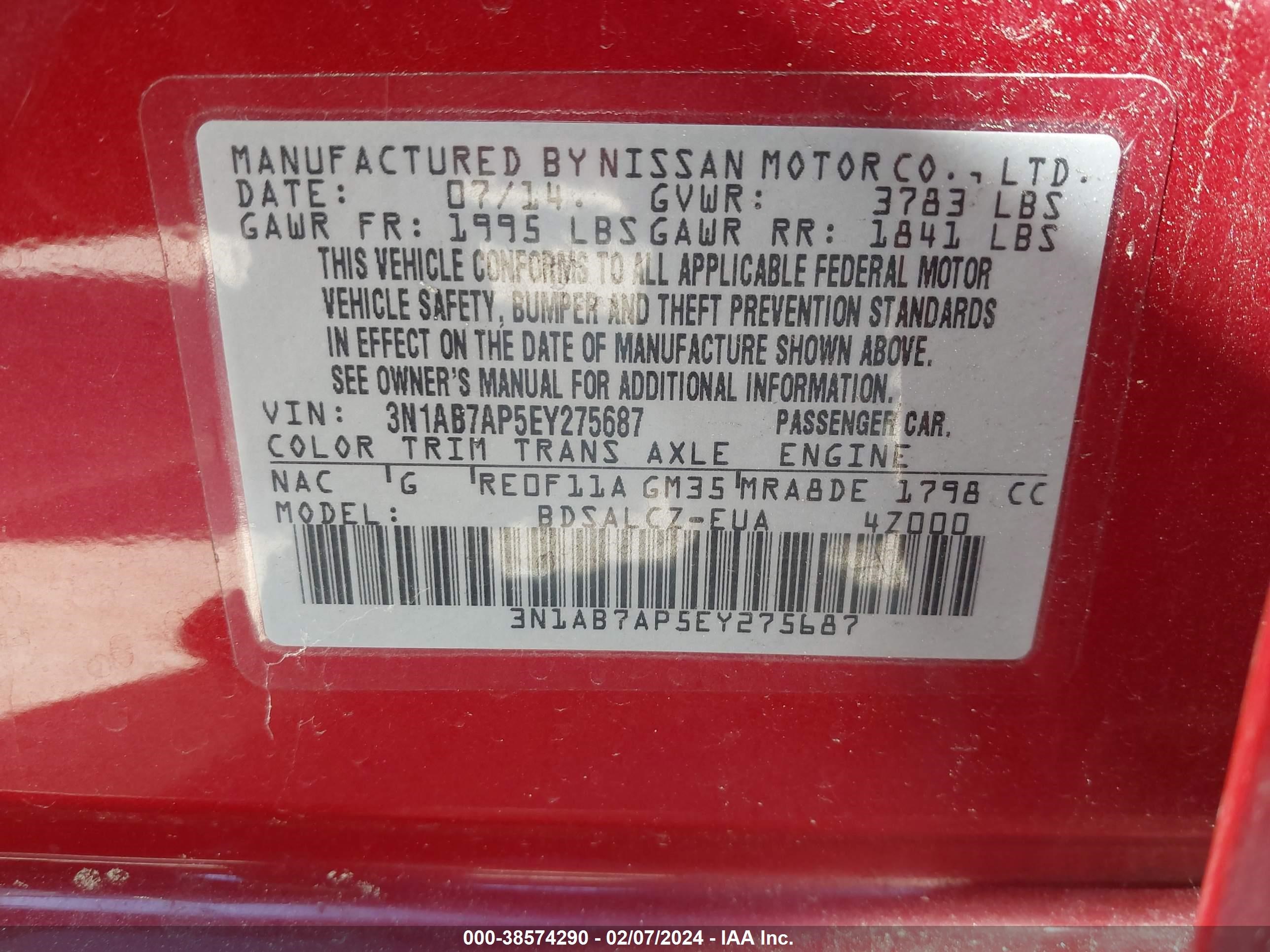 Photo 8 VIN: 3N1AB7AP5EY275687 - NISSAN SENTRA 