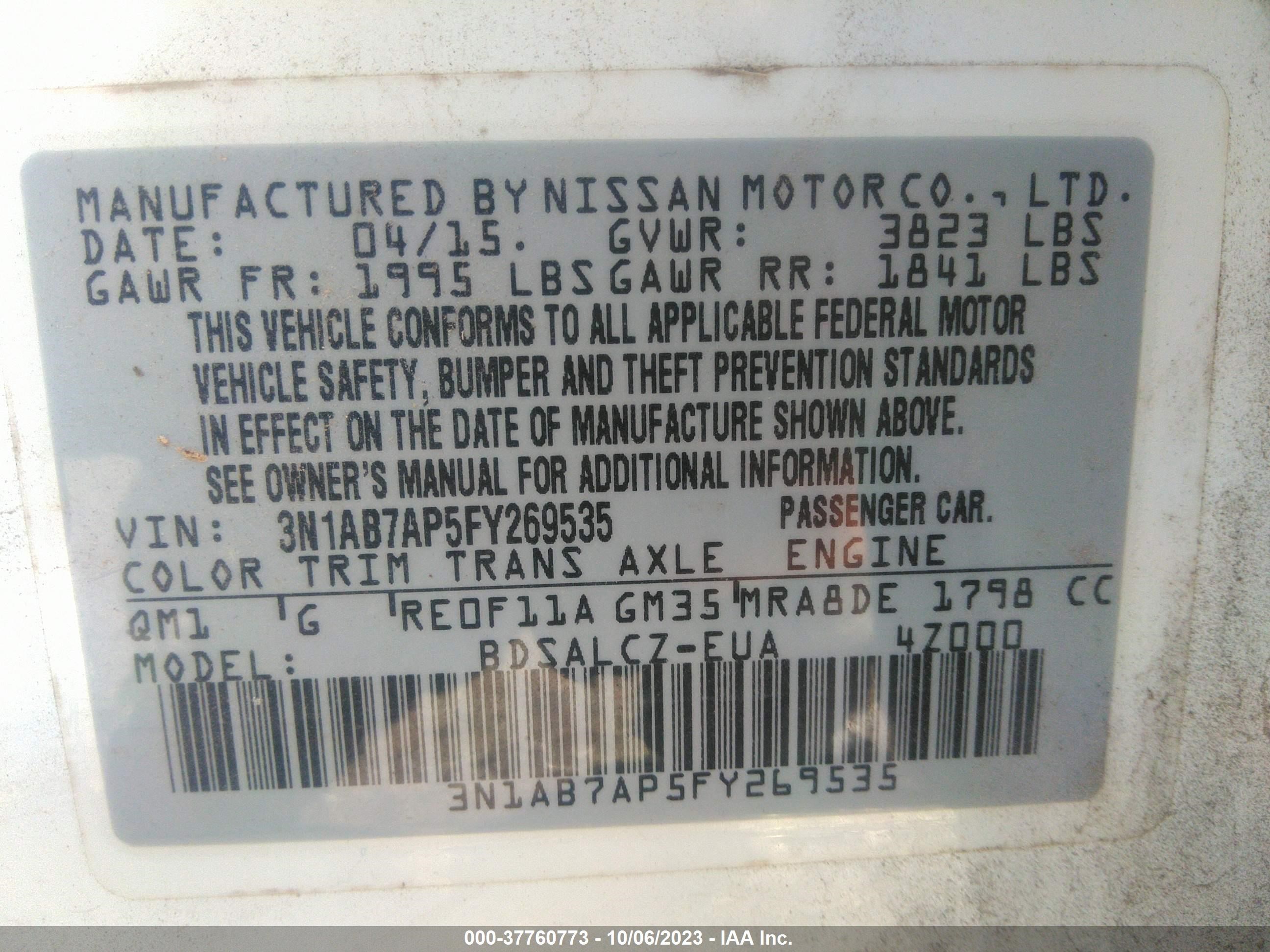 Photo 8 VIN: 3N1AB7AP5FY269535 - NISSAN SENTRA 