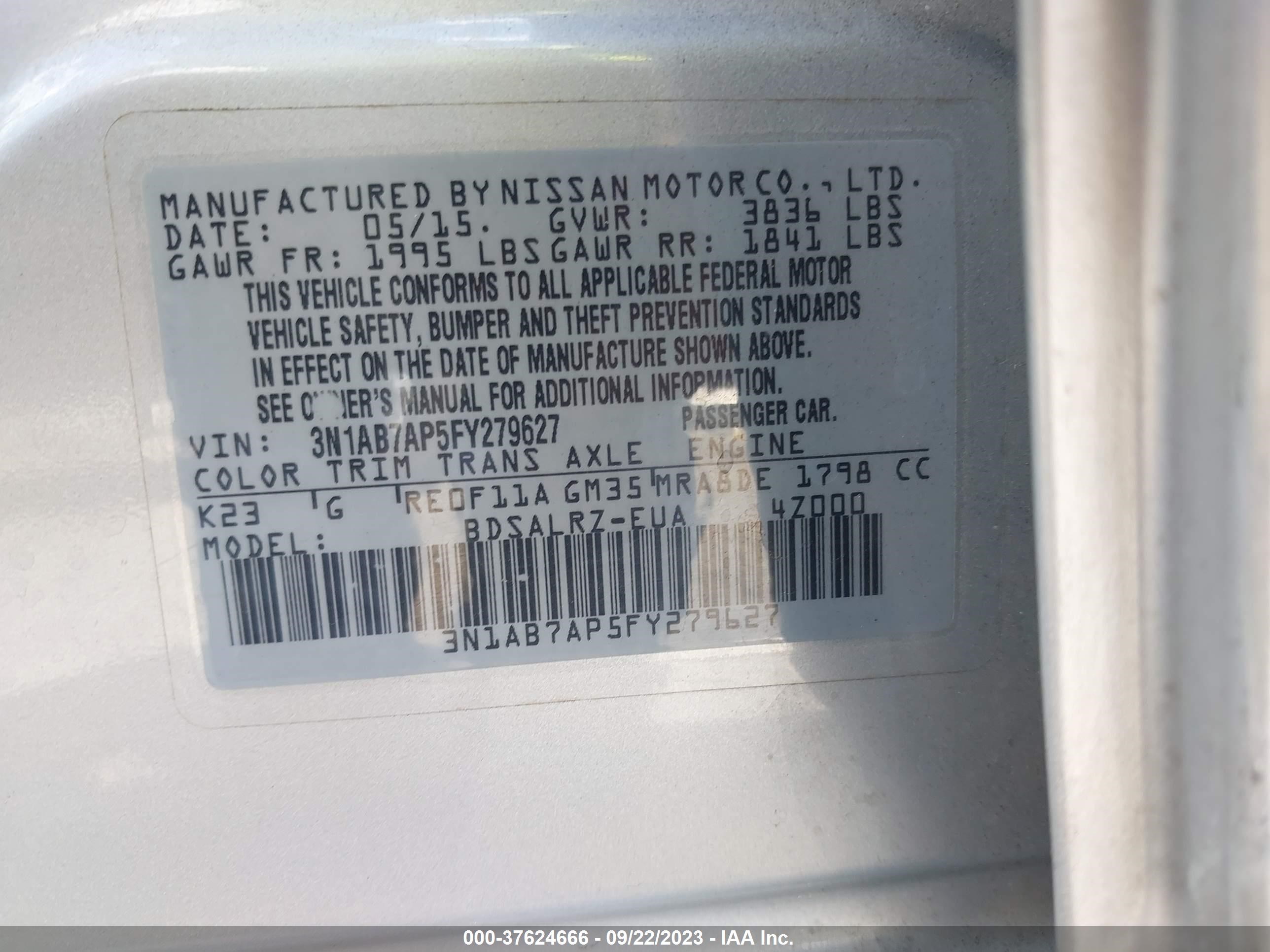 Photo 8 VIN: 3N1AB7AP5FY279627 - NISSAN SENTRA 