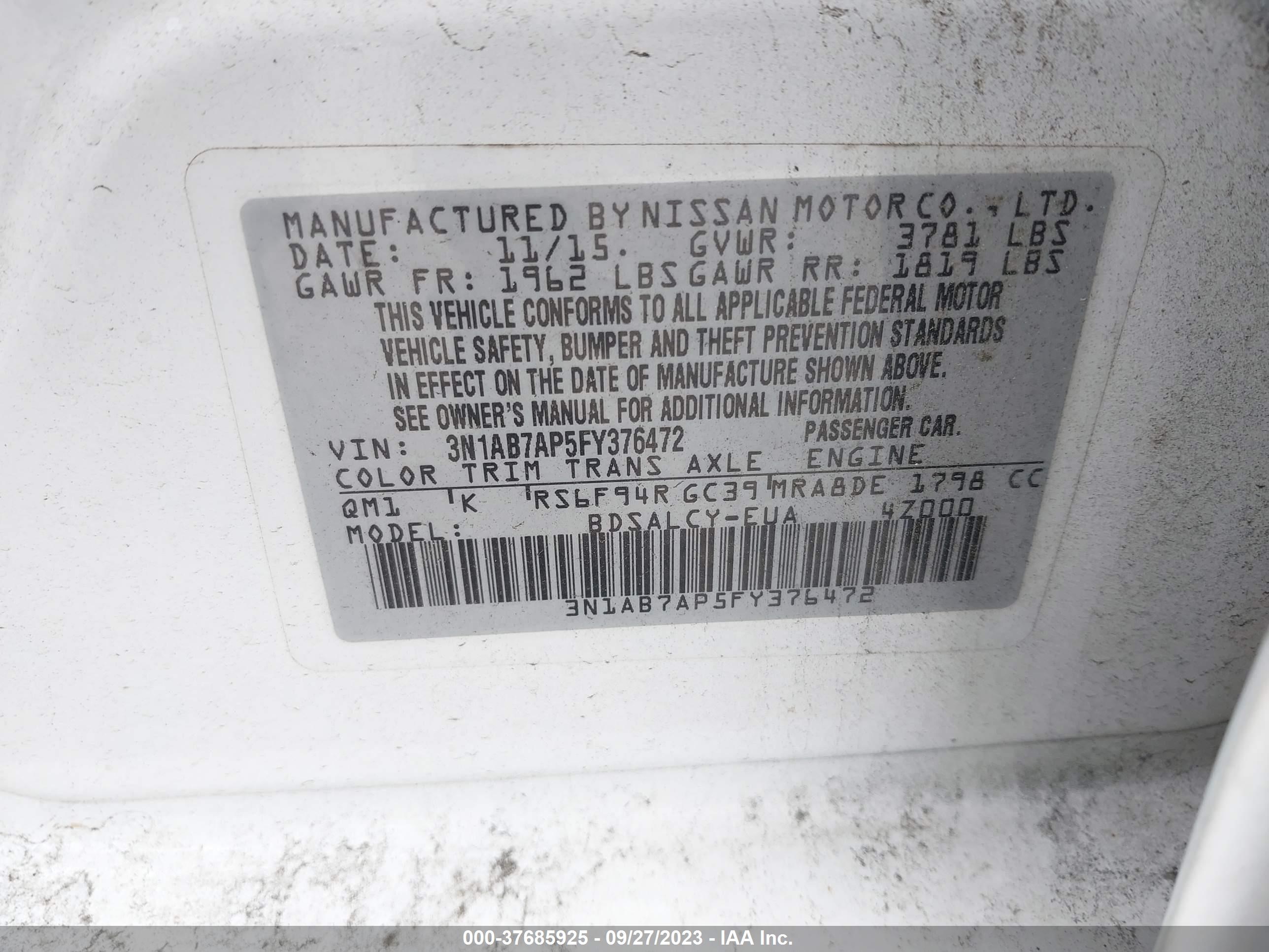 Photo 8 VIN: 3N1AB7AP5FY376472 - NISSAN SENTRA 