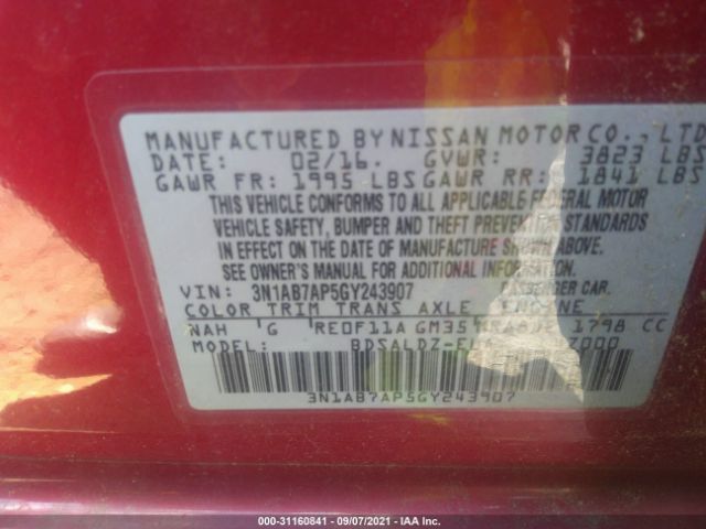 Photo 8 VIN: 3N1AB7AP5GY243907 - NISSAN SENTRA 