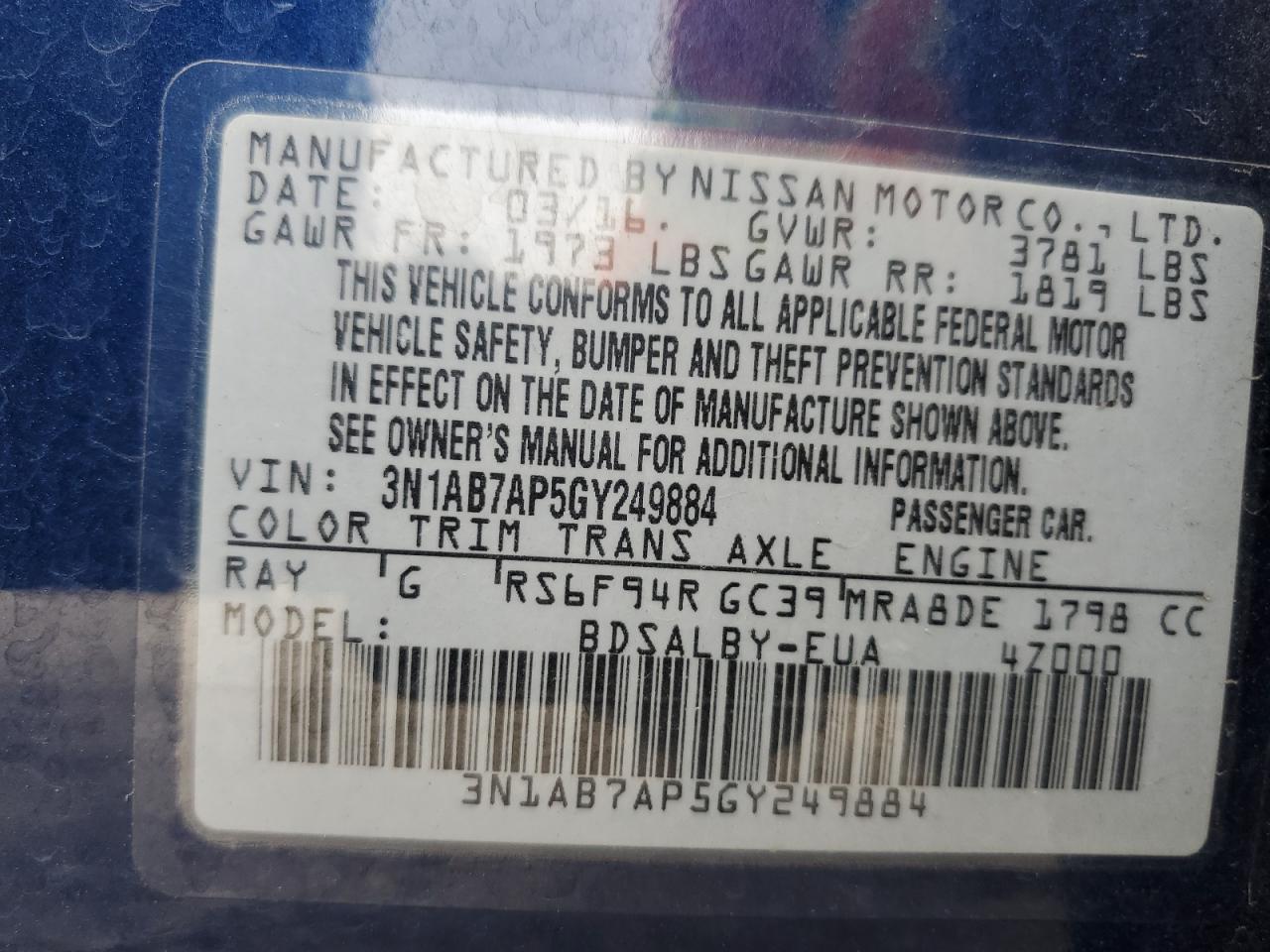 Photo 11 VIN: 3N1AB7AP5GY249884 - NISSAN SENTRA 