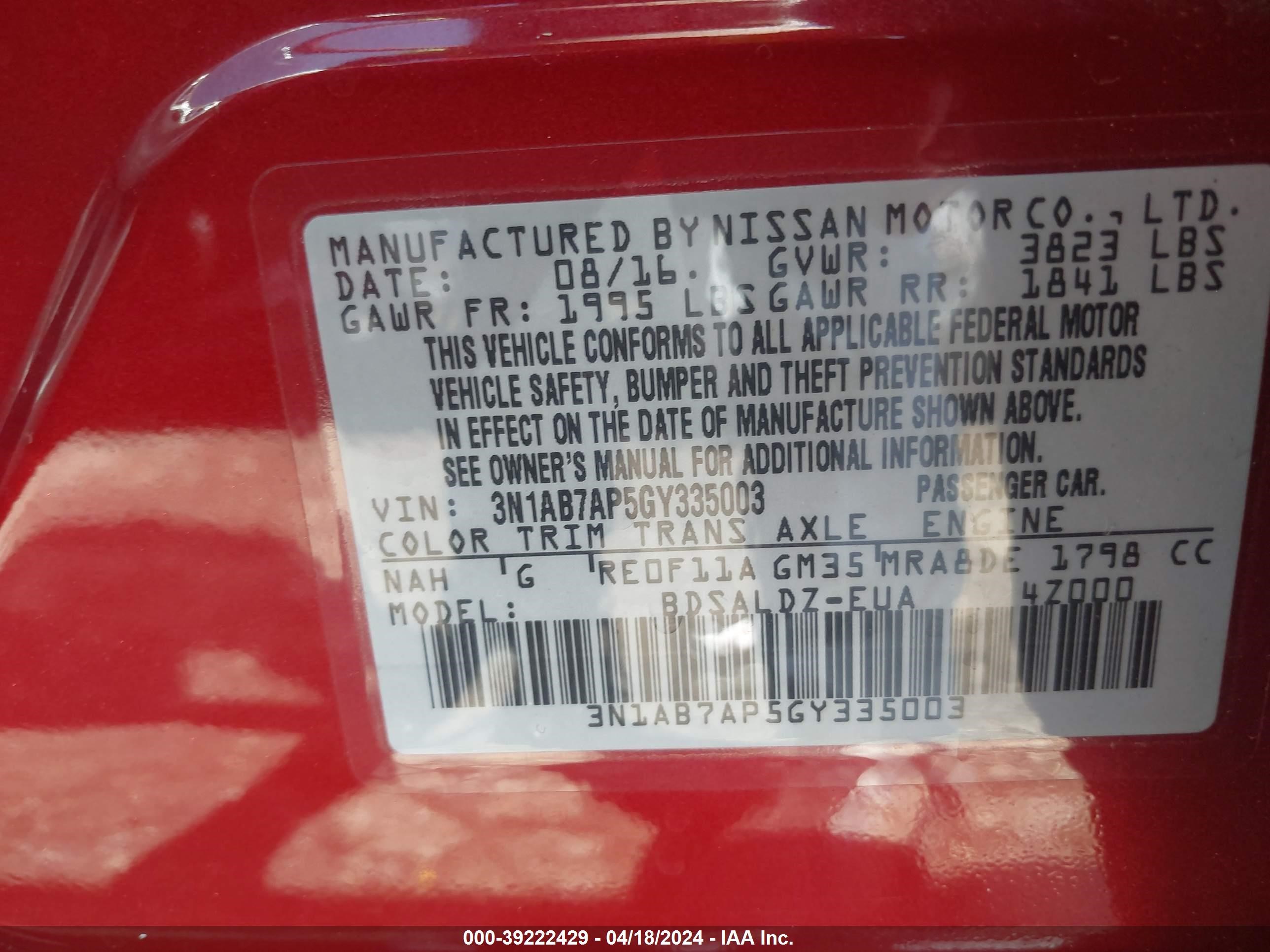 Photo 8 VIN: 3N1AB7AP5GY335003 - NISSAN SENTRA 