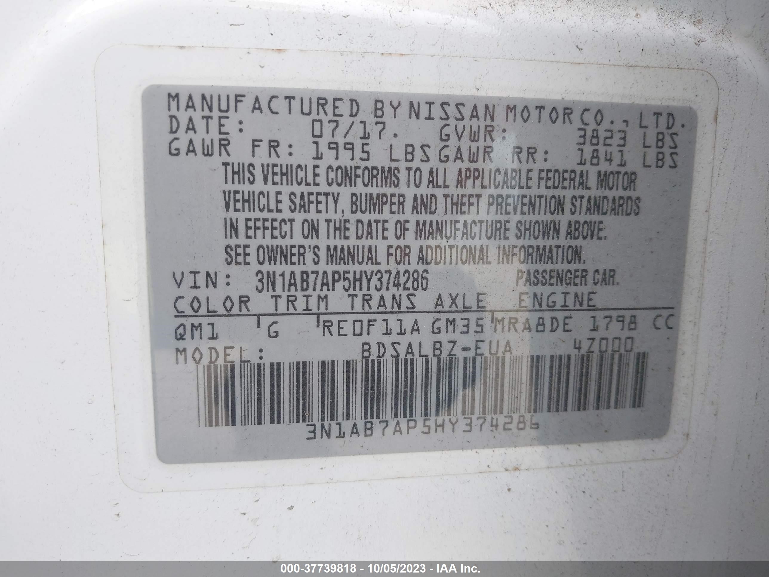 Photo 8 VIN: 3N1AB7AP5HY374286 - NISSAN SENTRA 