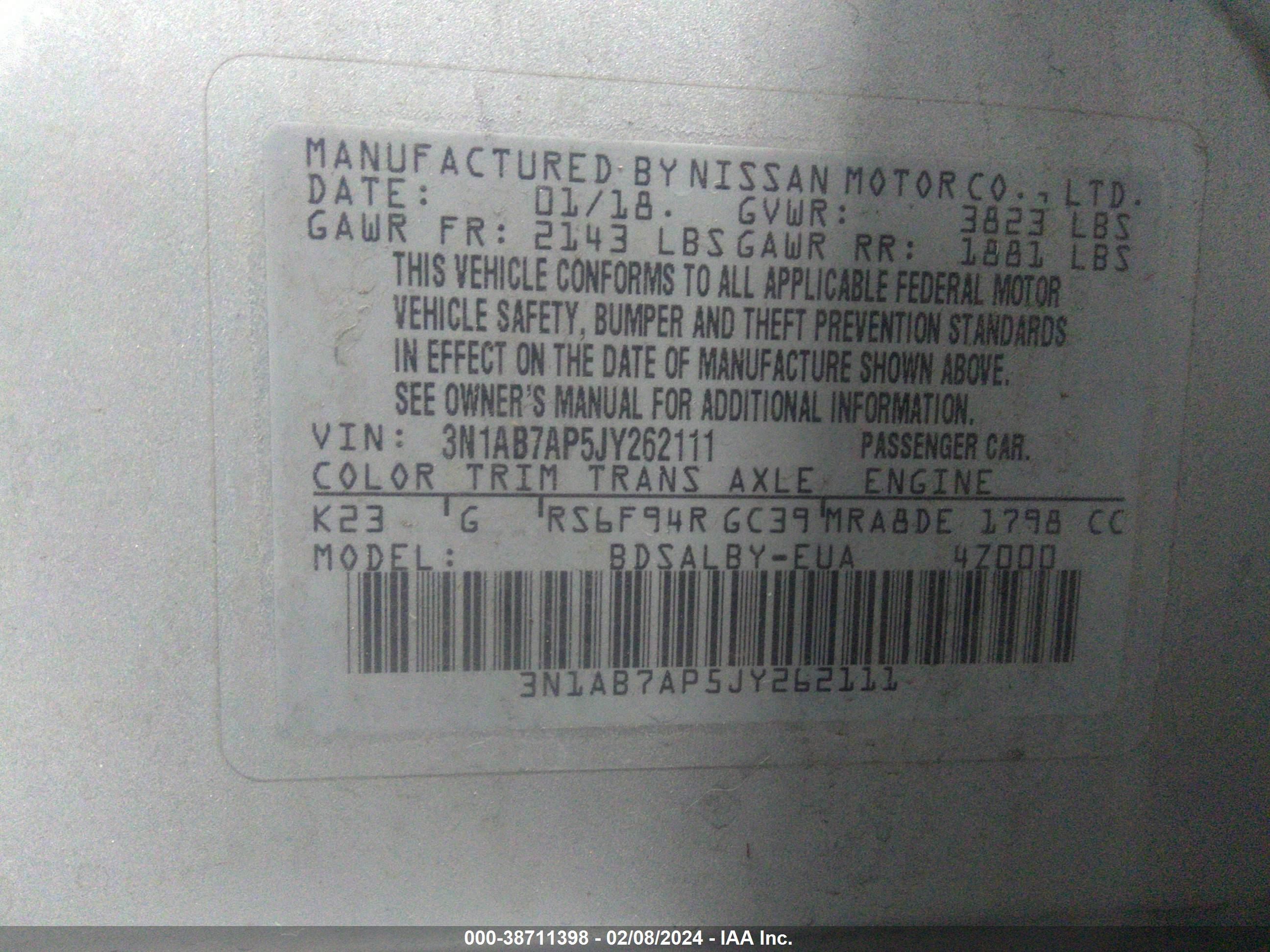 Photo 8 VIN: 3N1AB7AP5JY262111 - NISSAN SENTRA 