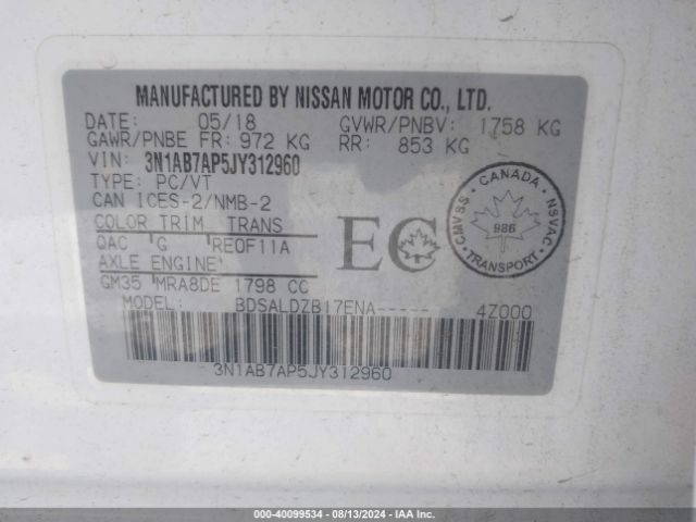 Photo 8 VIN: 3N1AB7AP5JY312960 - NISSAN SENTRA 