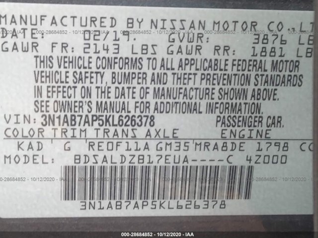 Photo 8 VIN: 3N1AB7AP5KL626378 - NISSAN SENTRA 