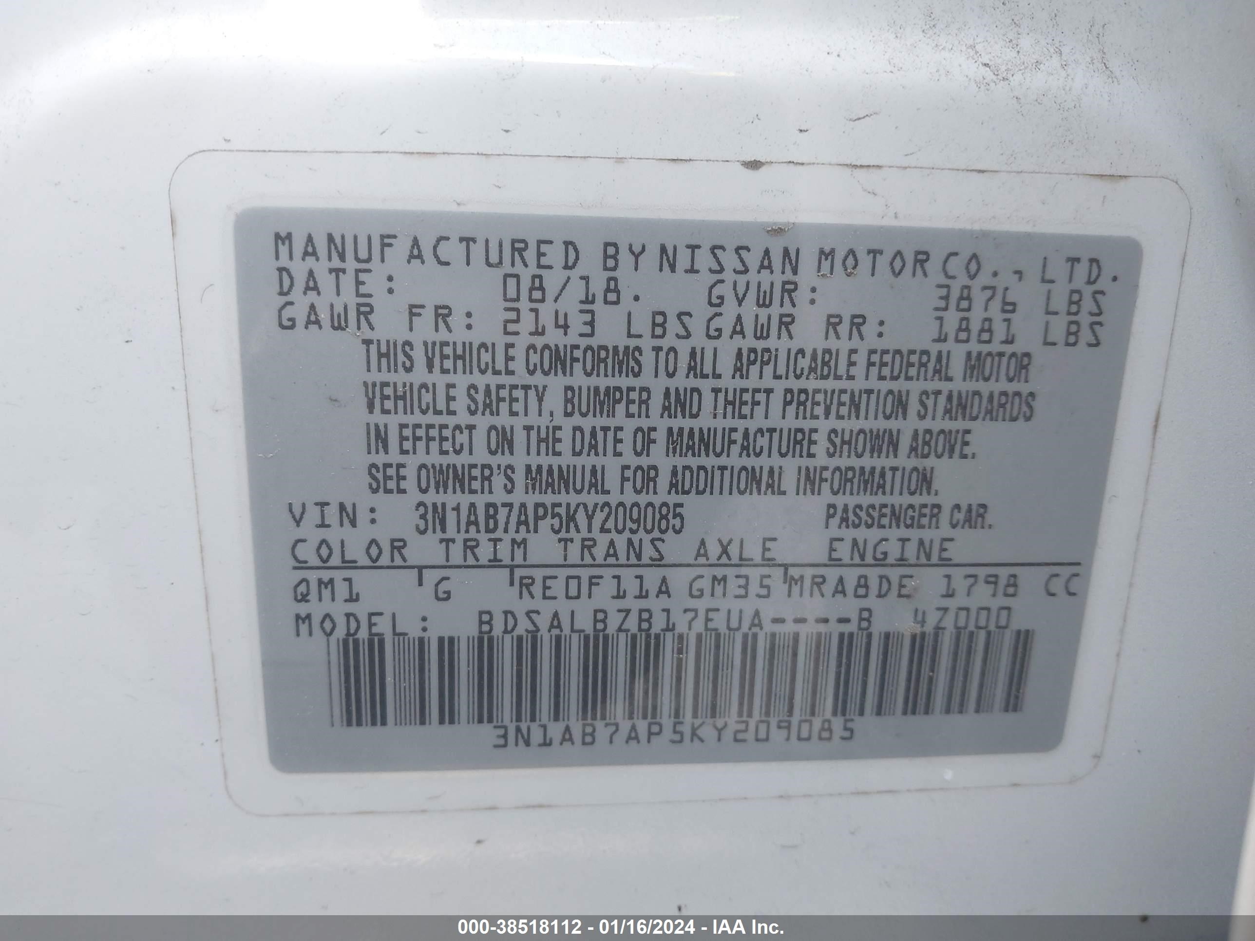 Photo 8 VIN: 3N1AB7AP5KY209085 - NISSAN SENTRA 