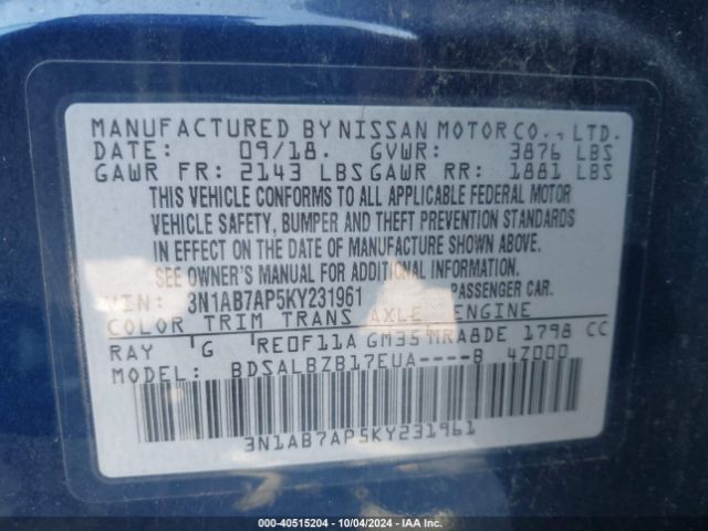 Photo 8 VIN: 3N1AB7AP5KY231961 - NISSAN SENTRA 