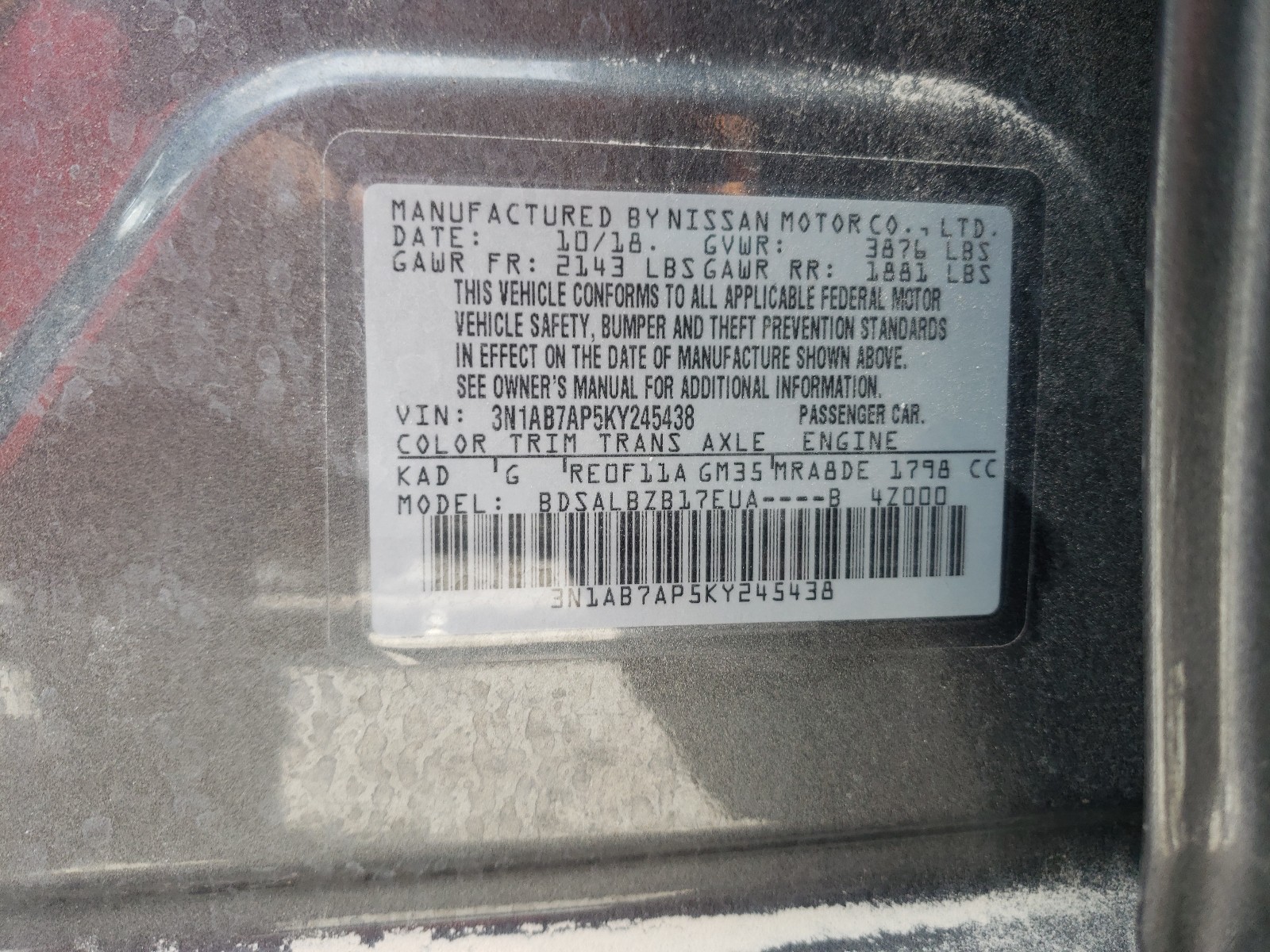 Photo 9 VIN: 3N1AB7AP5KY245438 - NISSAN SENTRA S 