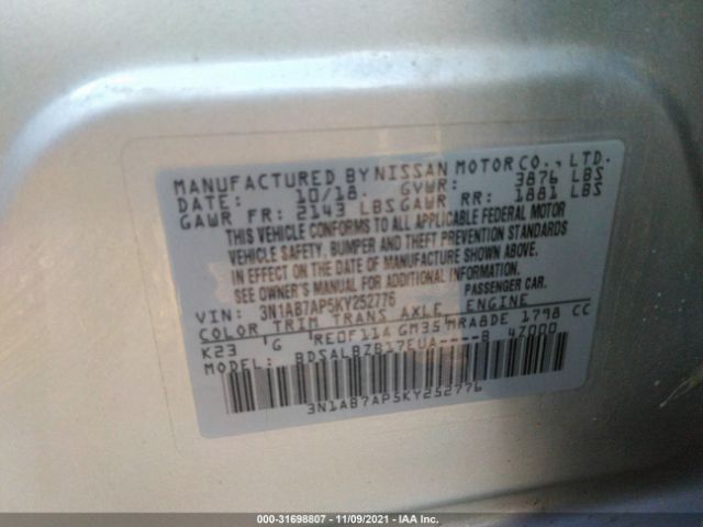 Photo 8 VIN: 3N1AB7AP5KY252776 - NISSAN SENTRA 