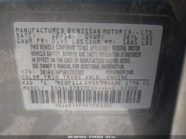 Photo 8 VIN: 3N1AB7AP5KY283302 - NISSAN SENTRA 