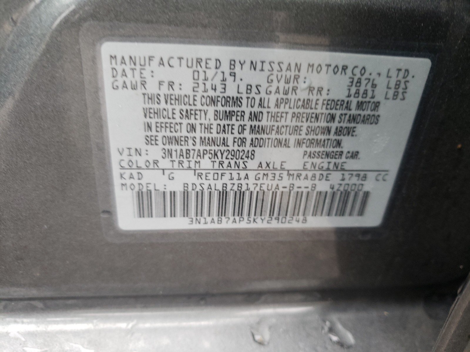 Photo 9 VIN: 3N1AB7AP5KY290248 - NISSAN SENTRA S 