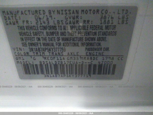 Photo 8 VIN: 3N1AB7AP5KY377759 - NISSAN SENTRA 