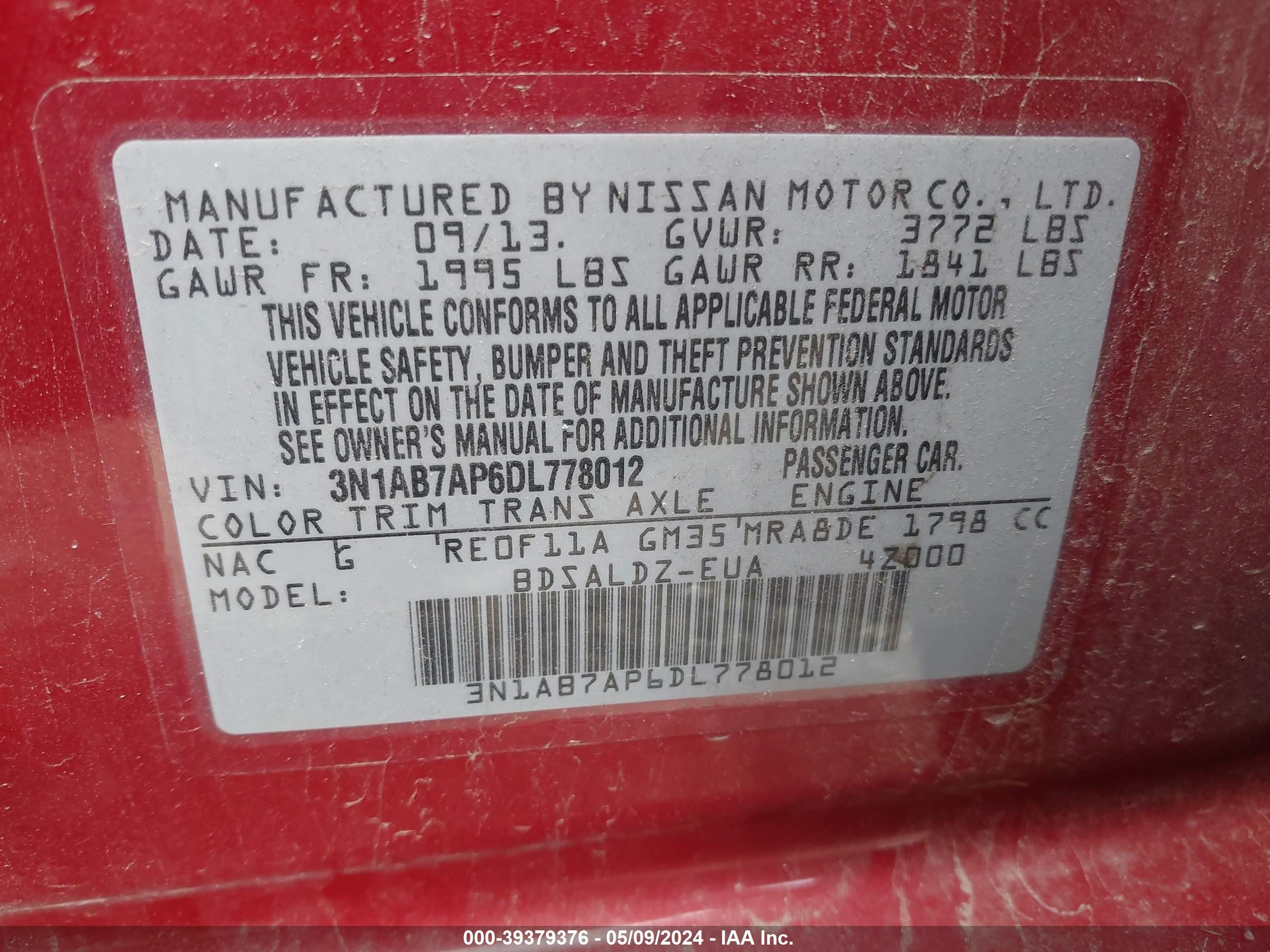 Photo 8 VIN: 3N1AB7AP6DL778012 - NISSAN SENTRA 