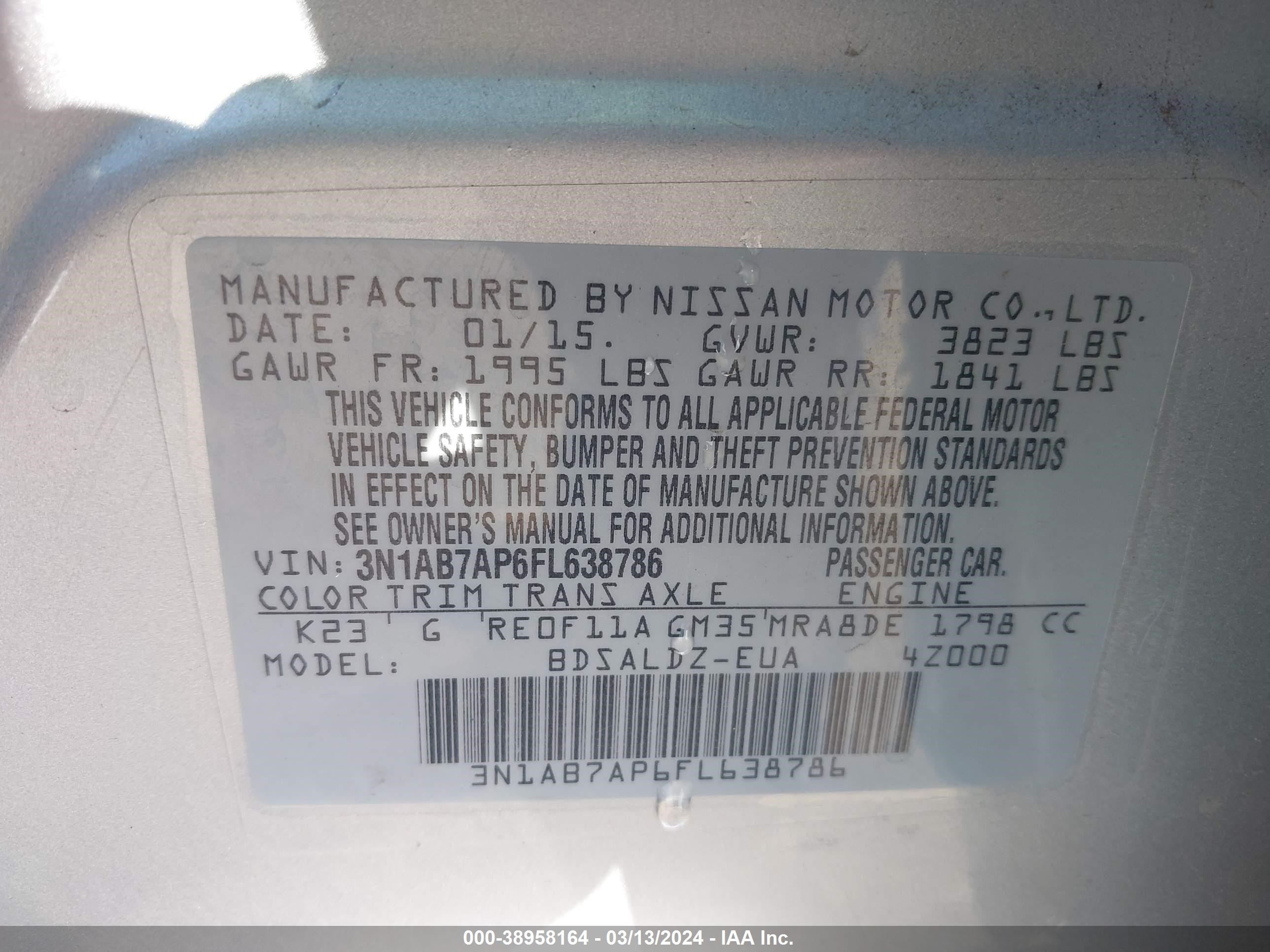 Photo 8 VIN: 3N1AB7AP6FL638786 - NISSAN SENTRA 