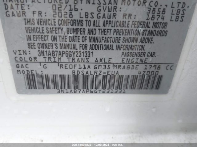 Photo 8 VIN: 3N1AB7AP6GY231331 - NISSAN SENTRA 