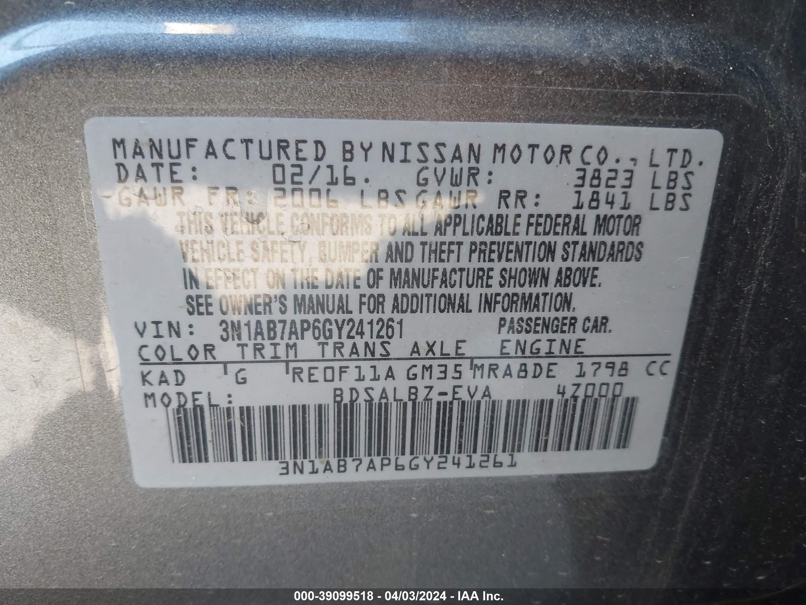 Photo 8 VIN: 3N1AB7AP6GY241261 - NISSAN SENTRA 