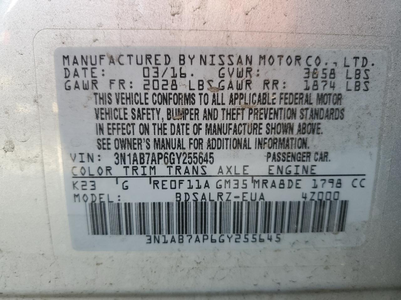 Photo 12 VIN: 3N1AB7AP6GY255645 - NISSAN SENTRA 