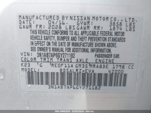 Photo 8 VIN: 3N1AB7AP6GY271182 - NISSAN SENTRA 