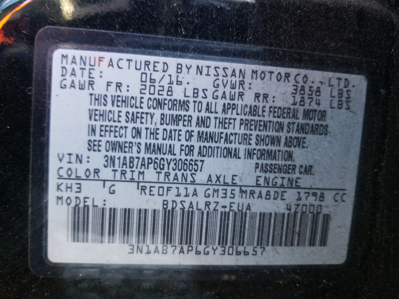 Photo 9 VIN: 3N1AB7AP6GY306657 - NISSAN SENTRA S 