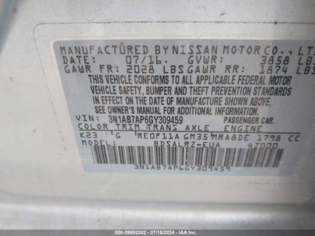 Photo 8 VIN: 3N1AB7AP6GY309459 - NISSAN SENTRA 