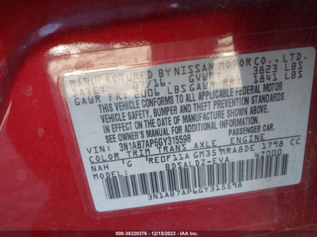 Photo 8 VIN: 3N1AB7AP6GY315598 - NISSAN SENTRA 