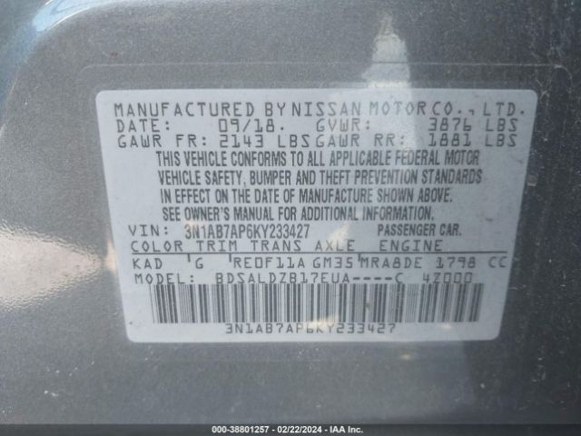 Photo 8 VIN: 3N1AB7AP6KY233427 - NISSAN SENTRA 