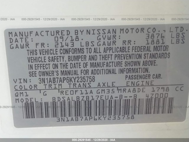 Photo 8 VIN: 3N1AB7AP6KY235758 - NISSAN SENTRA 