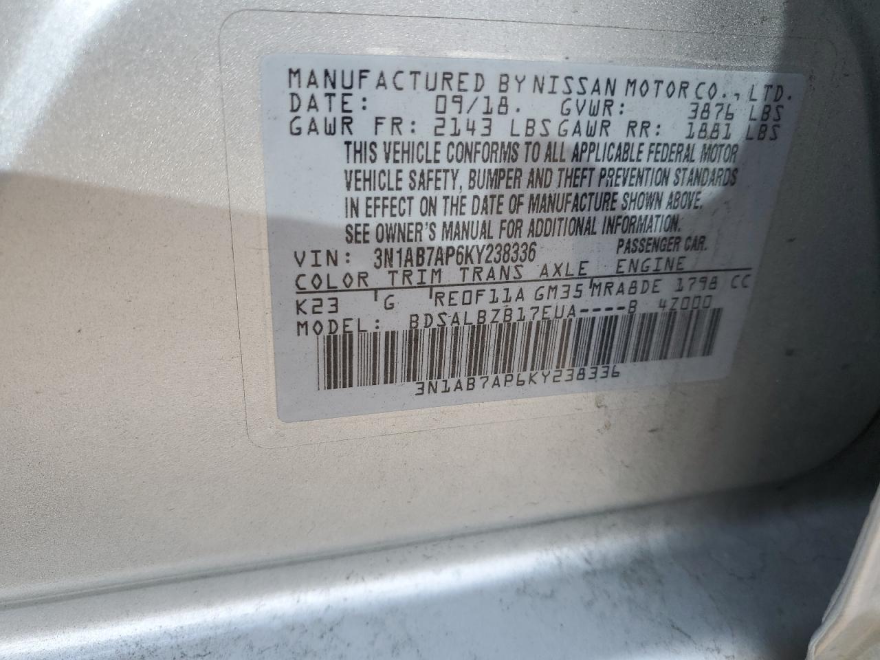 Photo 11 VIN: 3N1AB7AP6KY238336 - NISSAN SENTRA 